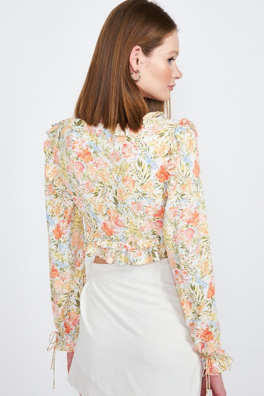 Floral Print Ruffled Crop Top with Flounce Sleeves and Deep V Neck - Ro + Ivy