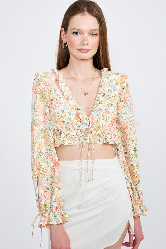 Floral Print Ruffled Crop Top with Flounce Sleeves and Deep V Neck - Ro + Ivy