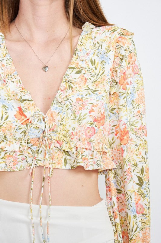 Floral Print Ruffled Crop Top with Flounce Sleeves and Deep V Neck - Ro + Ivy