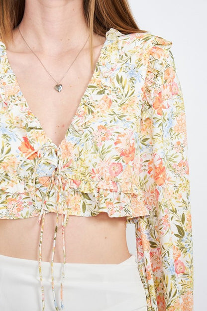 Floral Print Ruffled Crop Top with Flounce Sleeves and Deep V Neck - Ro + Ivy