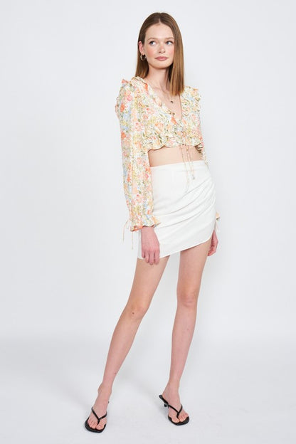 Floral Print Ruffled Crop Top with Flounce Sleeves and Deep V Neck - Ro + Ivy