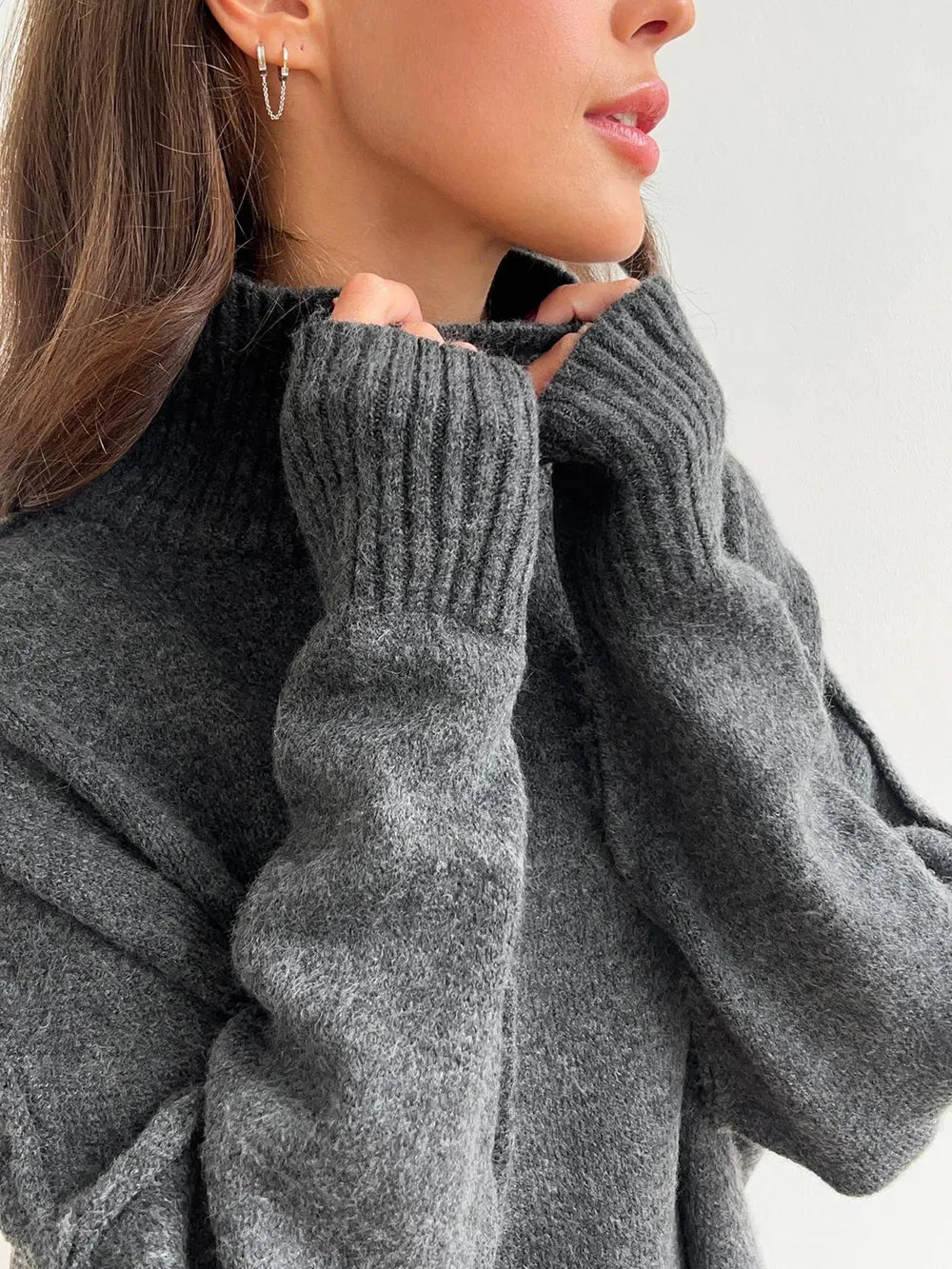 Long Sleeve Turtleneck Top with Slit and Pants Loungewear Set - Loungewear Sets