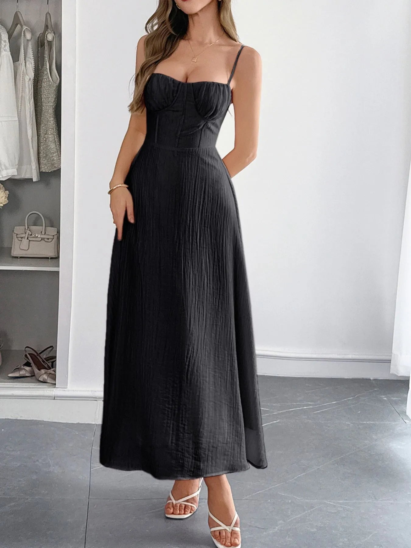 Texture Sweetheart Neck Backless Spaghetti Strap Maxi Dress - Black Maxi Dresses