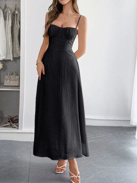 Black Texture Sweetheart Neck Backless Spaghetti Strap Maxi Dress | Trendy Maxi Dresses Outfit Idea for Women by Ro + Ivy | Elevated Basics, Modern Comfort & Style