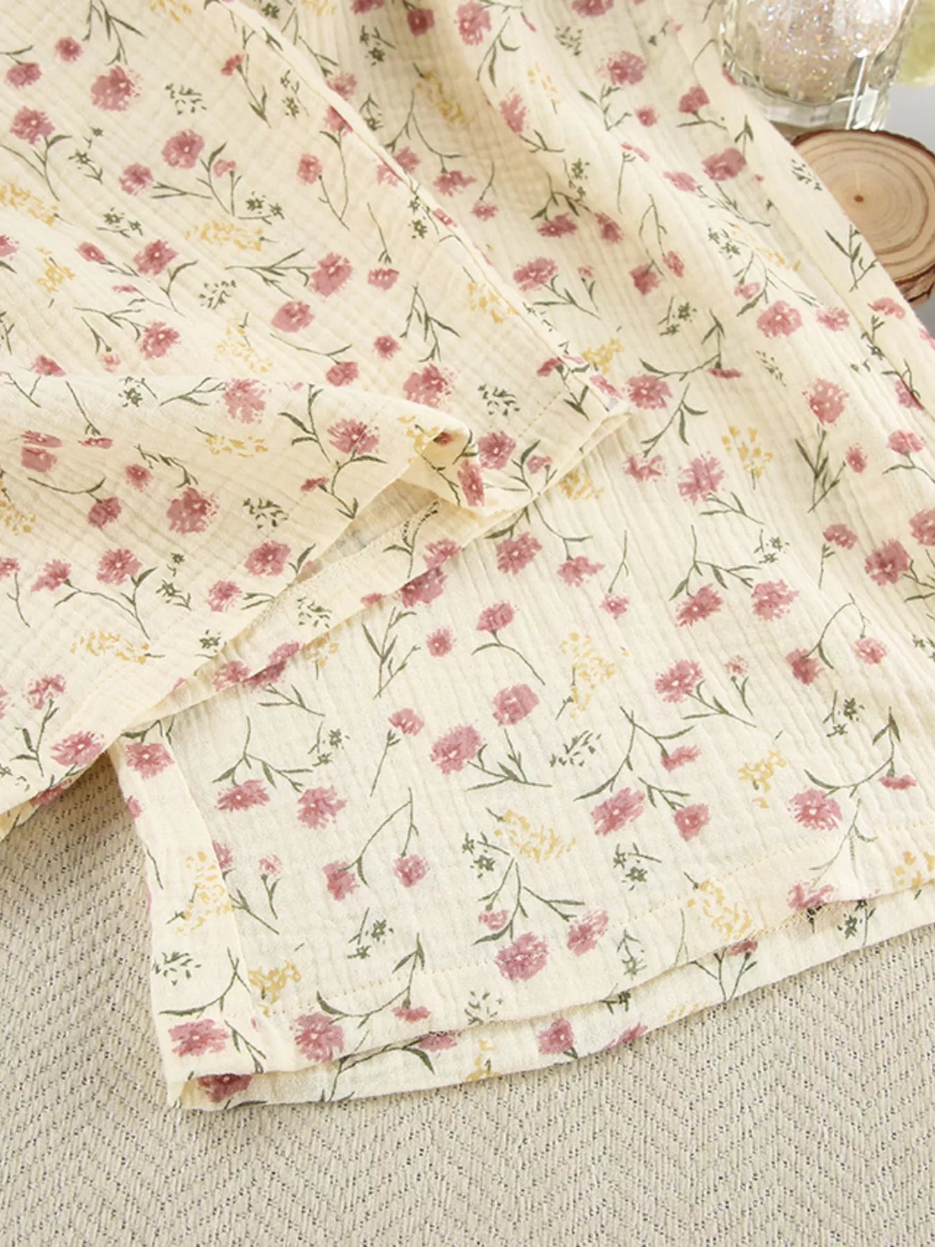 Floral Print Button-Down V Neck Top and Pants Loungewear Set - Loungewear Sets