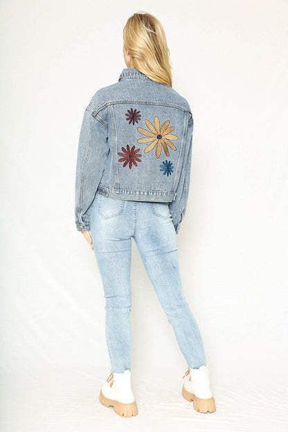 Flower Embroidery In-House Design Denim Jacket — Front Chest Pockets Casual Chic Style - Jackets