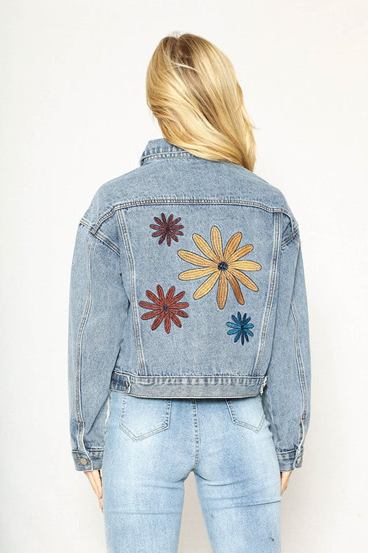 Flower Embroidery In-House Design Denim Jacket — Front Chest Pockets Casual Chic Style - Jackets
