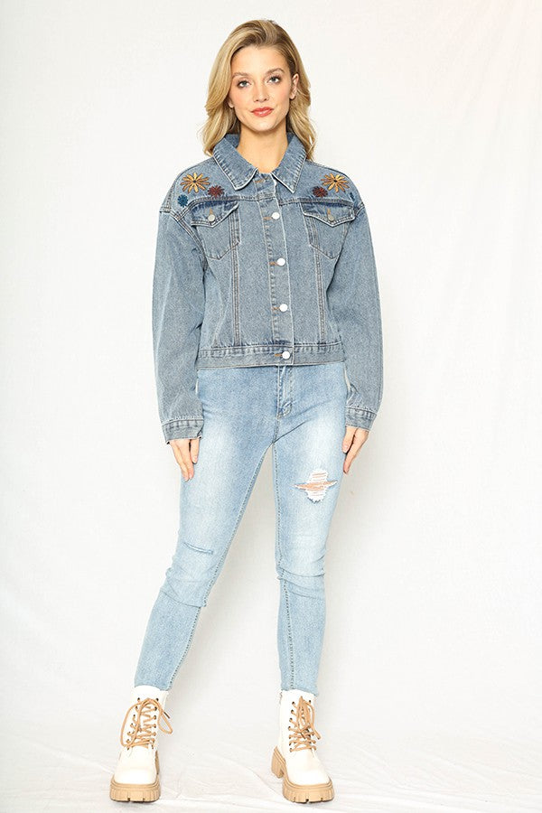 Flower Embroidery In-House Design Denim Jacket — Front Chest Pockets Casual Chic Style - Jackets