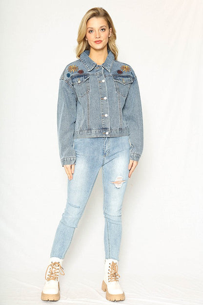 Flower Embroidery In-House Design Denim Jacket — Front Chest Pockets Casual Chic Style - Jackets