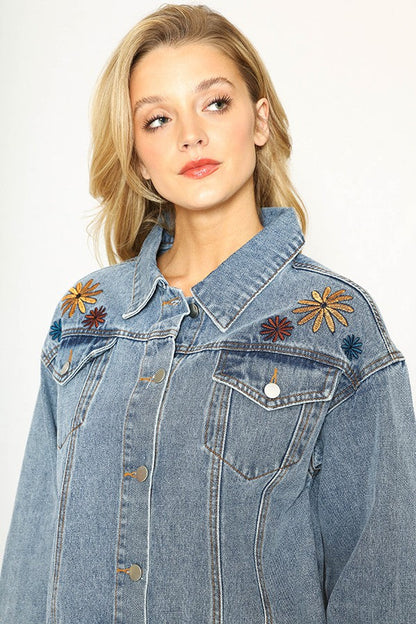 Flower Embroidery In-House Design Denim Jacket — Front Chest Pockets Casual Chic Style - Jackets