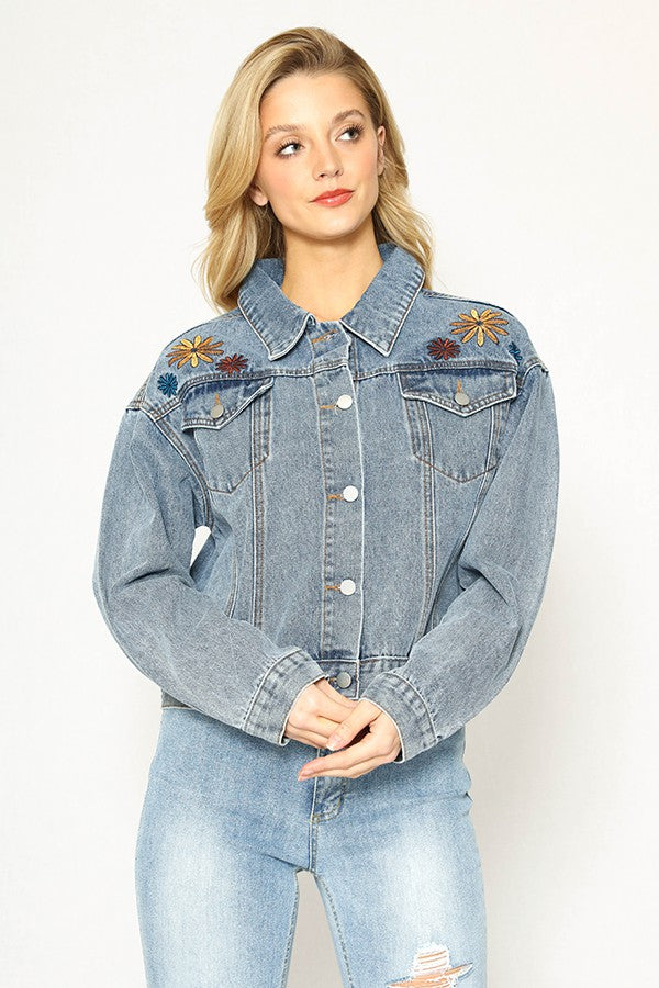 Flower Embroidery In-House Design Denim Jacket — Front Chest Pockets Casual Chic Style - Jackets