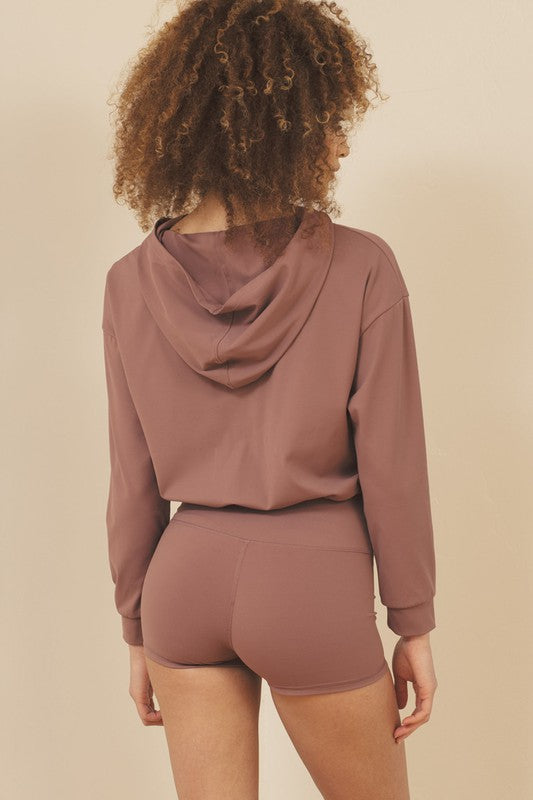 Adjustable Tie Waist Short Hoodie | Trendy Active Tops Outfit Idea for Women by Ro + Ivy | Elevated Basics, Modern Comfort & Style