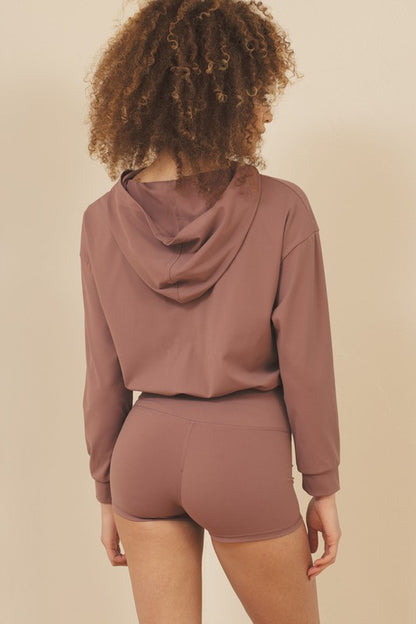 Adjustable Tie Waist Short Hoodie | Trendy Active Tops Outfit Idea for Women by Ro + Ivy | Elevated Basics, Modern Comfort & Style