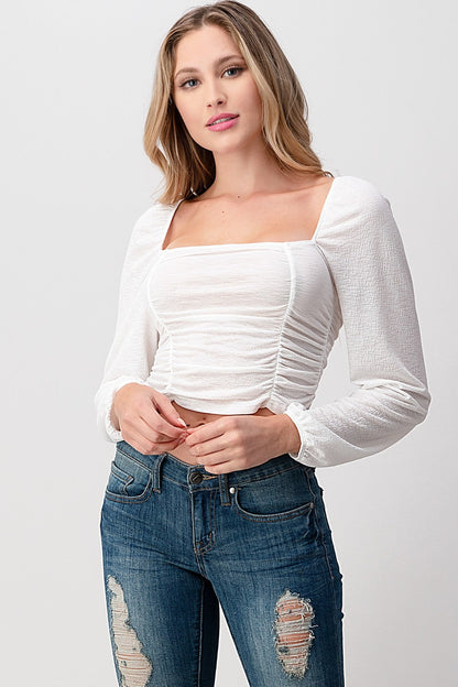 Shirred Puff Long Sleeve Ruched Crop Top — Textured Semi-Sheer Flattering Style