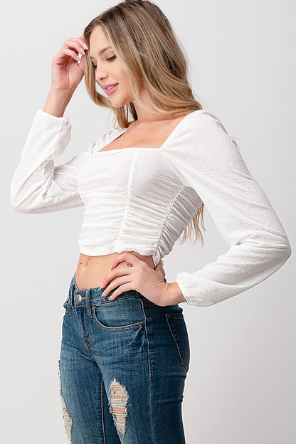 Shirred Puff Long Sleeve Ruched Crop Top — Textured Semi-Sheer Flattering Style