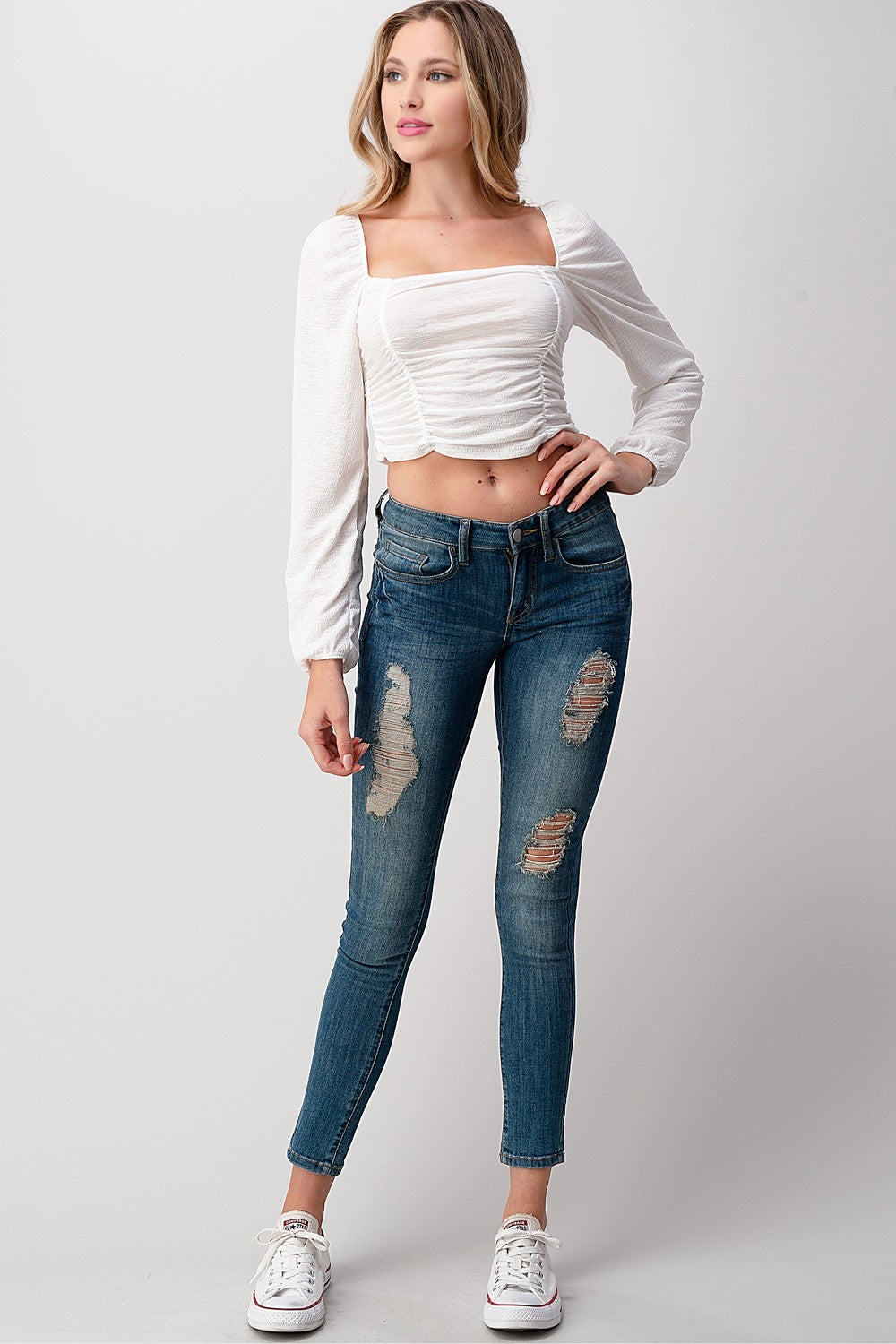 Shirred Puff Long Sleeve Ruched Crop Top — Textured Semi-Sheer Flattering Style