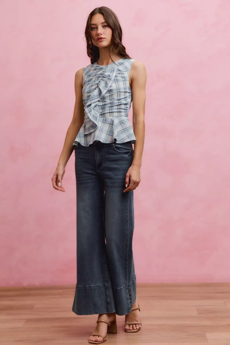 Women's Plaid Sleeveless Ruffle Peplum Top - Tops