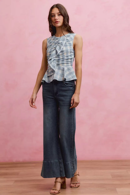Women's Plaid Sleeveless Ruffle Peplum Top - Tops