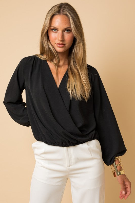 Long Sleeve Surplice Shoulder Shirring Blouse - Ro + Ivy