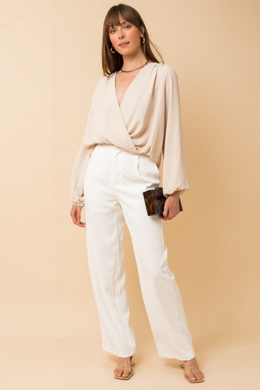 Long Sleeve Surplice Shoulder Shirring Blouse - Ro + Ivy