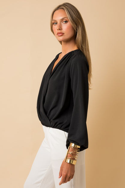 Long Sleeve Surplice Shoulder Shirring Blouse - Ro + Ivy