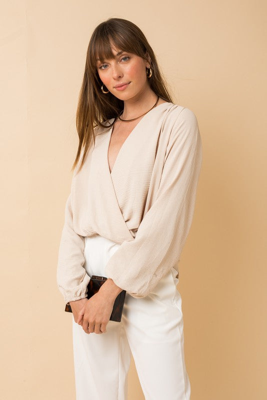 Long Sleeve Surplice Shoulder Shirring Blouse - Ro + Ivy