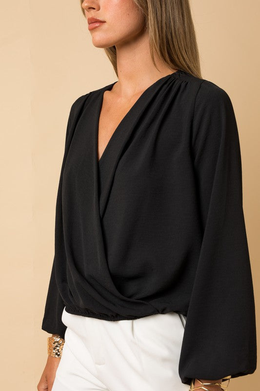 Long Sleeve Surplice Shoulder Shirring Blouse - Ro + Ivy