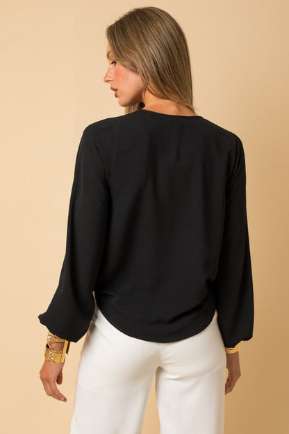 Long Sleeve Surplice Shoulder Shirring Blouse - Ro + Ivy