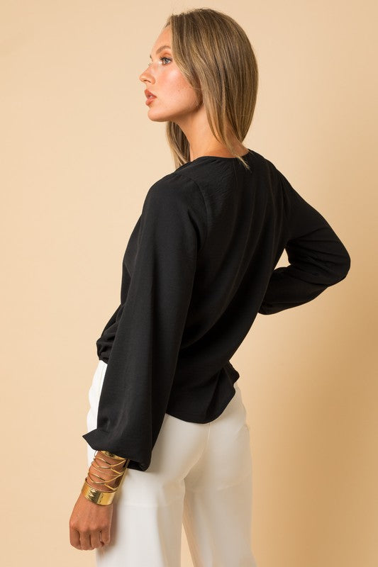 Long Sleeve Surplice Shoulder Shirring Blouse - Ro + Ivy