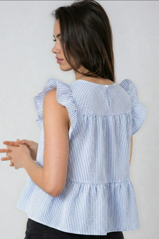 Subtle Stripe Ruffle Sleeve Peplum Sleeveless Top — Soft Feminine Flattering Style - top