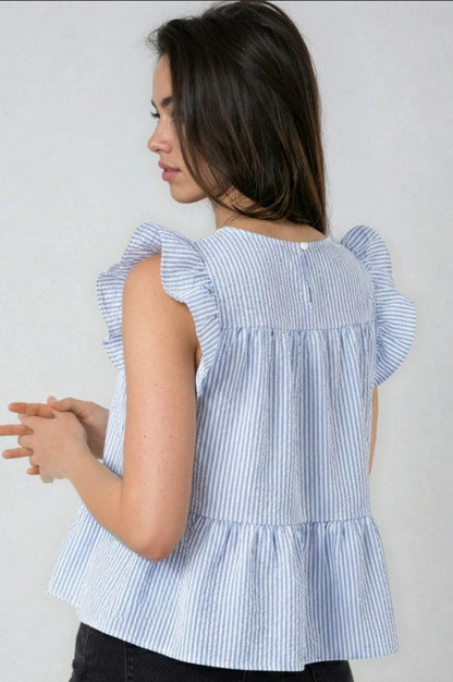 Subtle Stripe Ruffle Sleeve Peplum Sleeveless Top — Soft Feminine Flattering Style - top