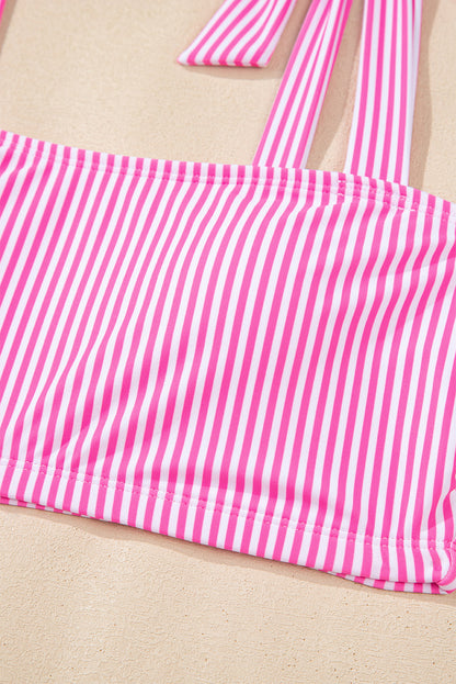 Stripe Knot Tie Strap High-Waist Bikini Set — Breathable Fabric Flattering Beach Style - Bikinis