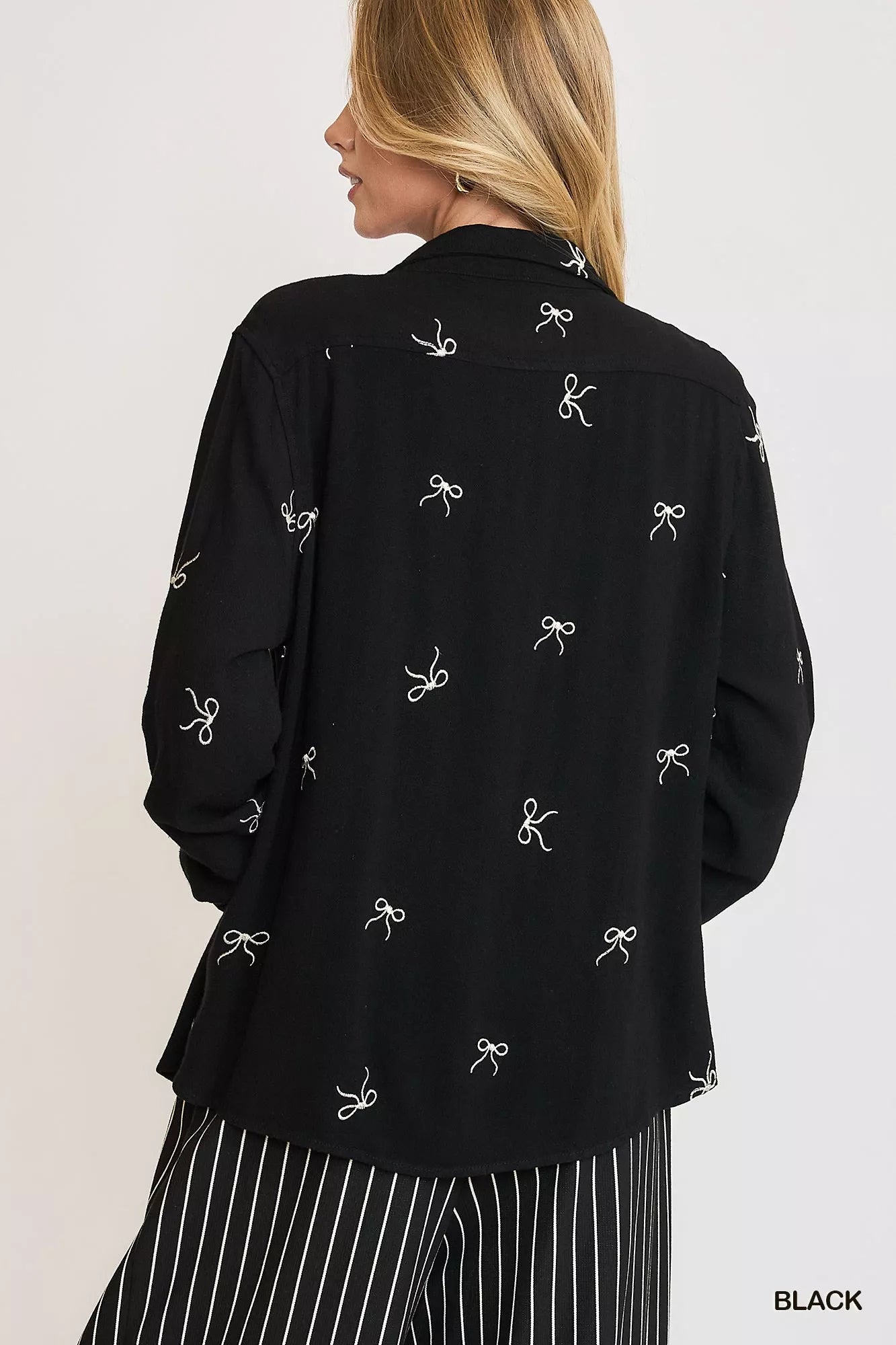 Ribbon Linen Blend Button Up Shirt in Black | Trendy Shirts Outfit Idea for Women by Ro + Ivy | Elevated Basics, Modern Comfort & Style