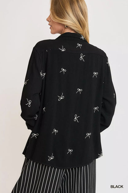 Ribbon Linen Blend Button Up Shirt in Black | Trendy Shirts Outfit Idea for Women by Ro + Ivy | Elevated Basics, Modern Comfort & Style