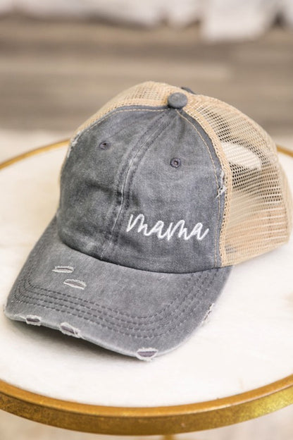 Embroidered "Mama" Messy Bun Trucker Hat | Trendy Trucker Hats Outfit Idea for Women by Ro + Ivy | Elevated Basics, Modern Comfort & Style