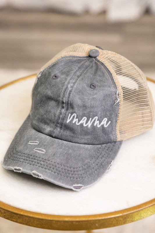 Gray 1 Embroidered "Mama" Messy Bun Trucker Hat | Trendy Trucker Hats Outfit Idea for Women by Ro + Ivy | Elevated Basics, Modern Comfort & Style