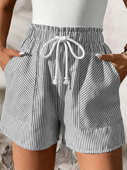 Women's Striped Elastic Waist Drawstring Shorts - Shorts
