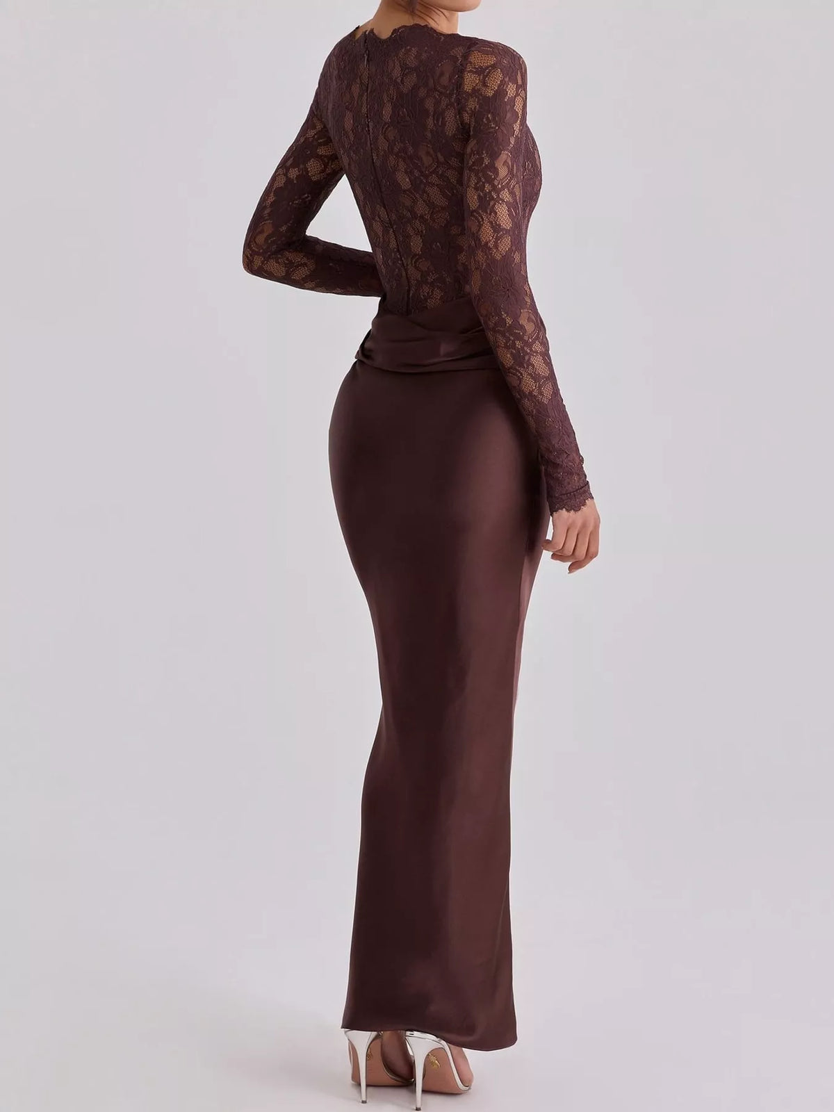 Long-Sleeve Bodycon Maxi Dress with Sheer Lace, Satin Patchwork and Ruched Details