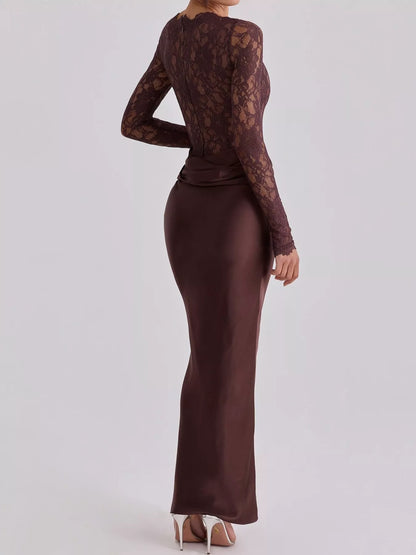 Long-Sleeve Bodycon Maxi Dress with Sheer Lace, Satin Patchwork and Ruched Details