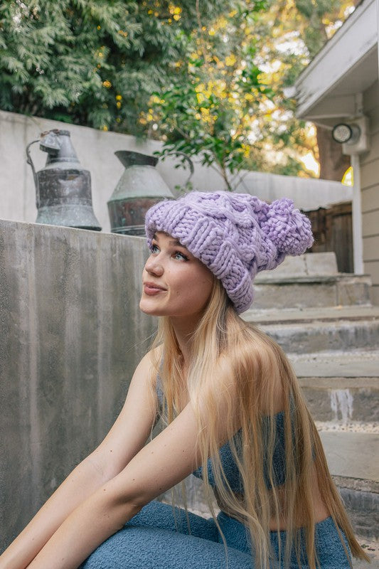 Lavender Default Oversized Chunky Knit Pom Pom Beanie | Trendy Beanies Outfit Idea for Women by Ro + Ivy | Elevated Basics, Modern Comfort & Style