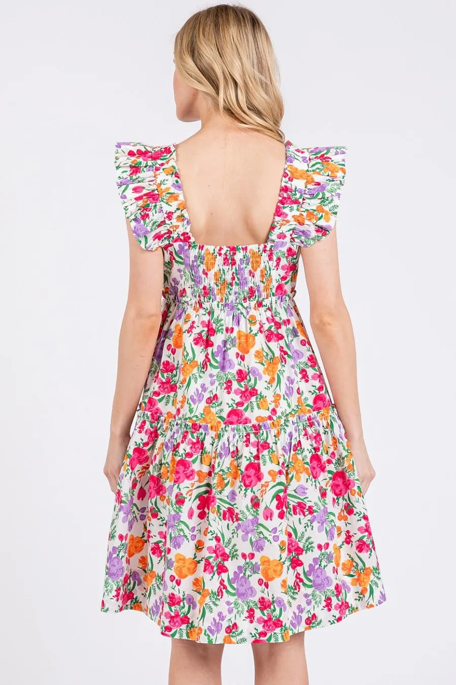 Flower Print Ruffle Shoulder A-Line Mini Dress – outfit idea for women | Ro + Ivy