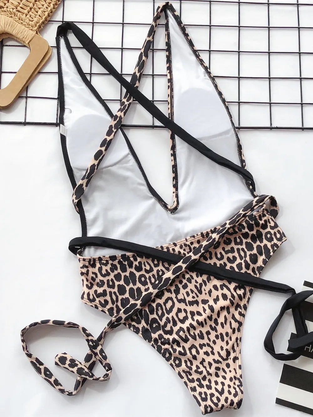 Women's Tied Leopard Print Plunge One Piece Swimwear - One-Piece Swimsuits