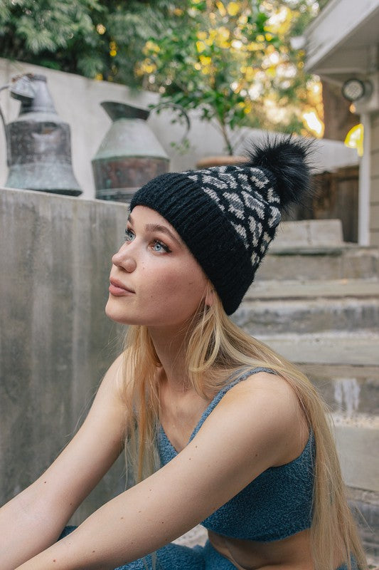 Black Default Leopard Pom Pom Knit Beanie | Trendy Beanies Outfit Idea for Women by Ro + Ivy | Elevated Basics, Modern Comfort & Style