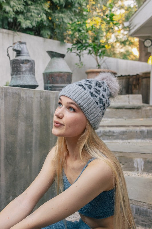 Gray Default Leopard Pom Pom Knit Beanie | Trendy Beanies Outfit Idea for Women by Ro + Ivy | Elevated Basics, Modern Comfort & Style