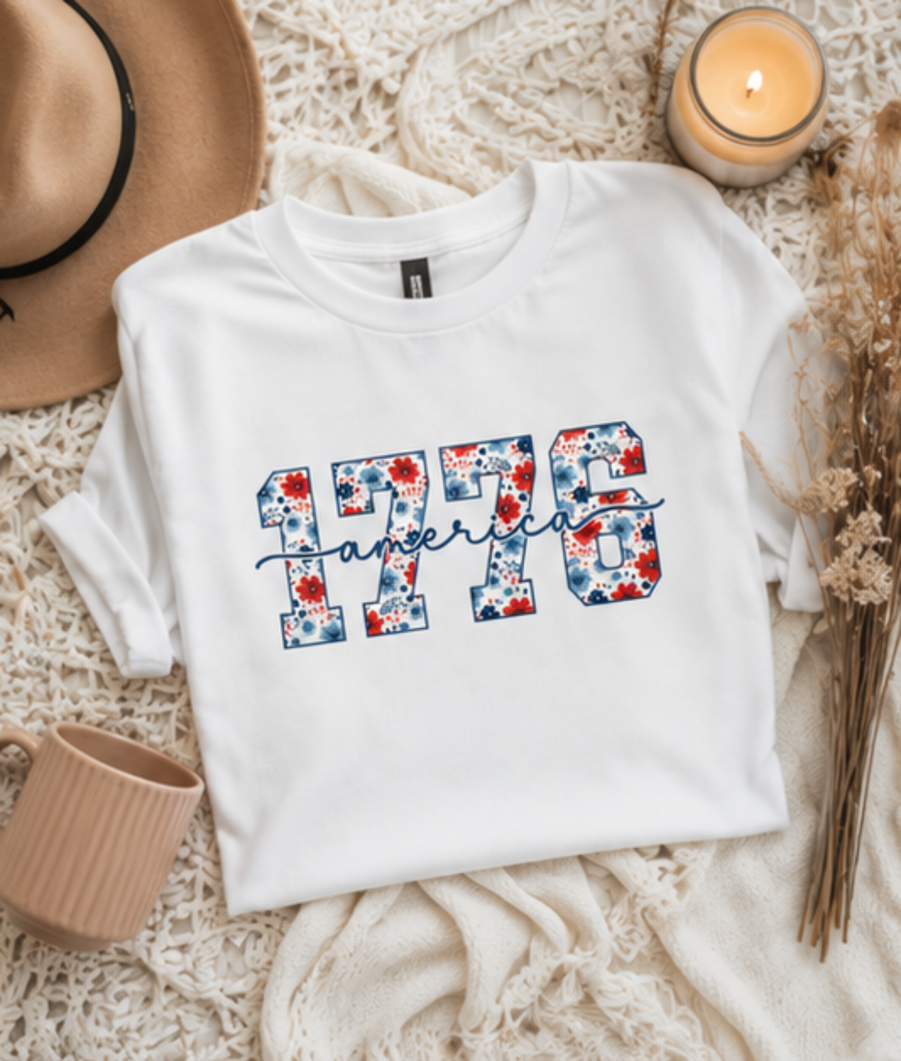 1776 America Floral Graphic Soft Cotton Tee — Patriotic Festive Everyday Style