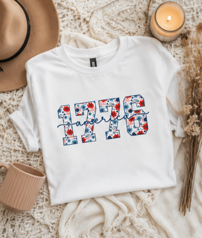 1776 America Floral Graphic Soft Cotton Tee — Patriotic Festive Everyday Style