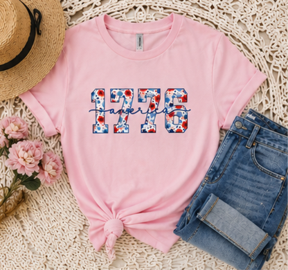 1776 America Floral Graphic Soft Cotton Tee — Patriotic Festive Everyday Style