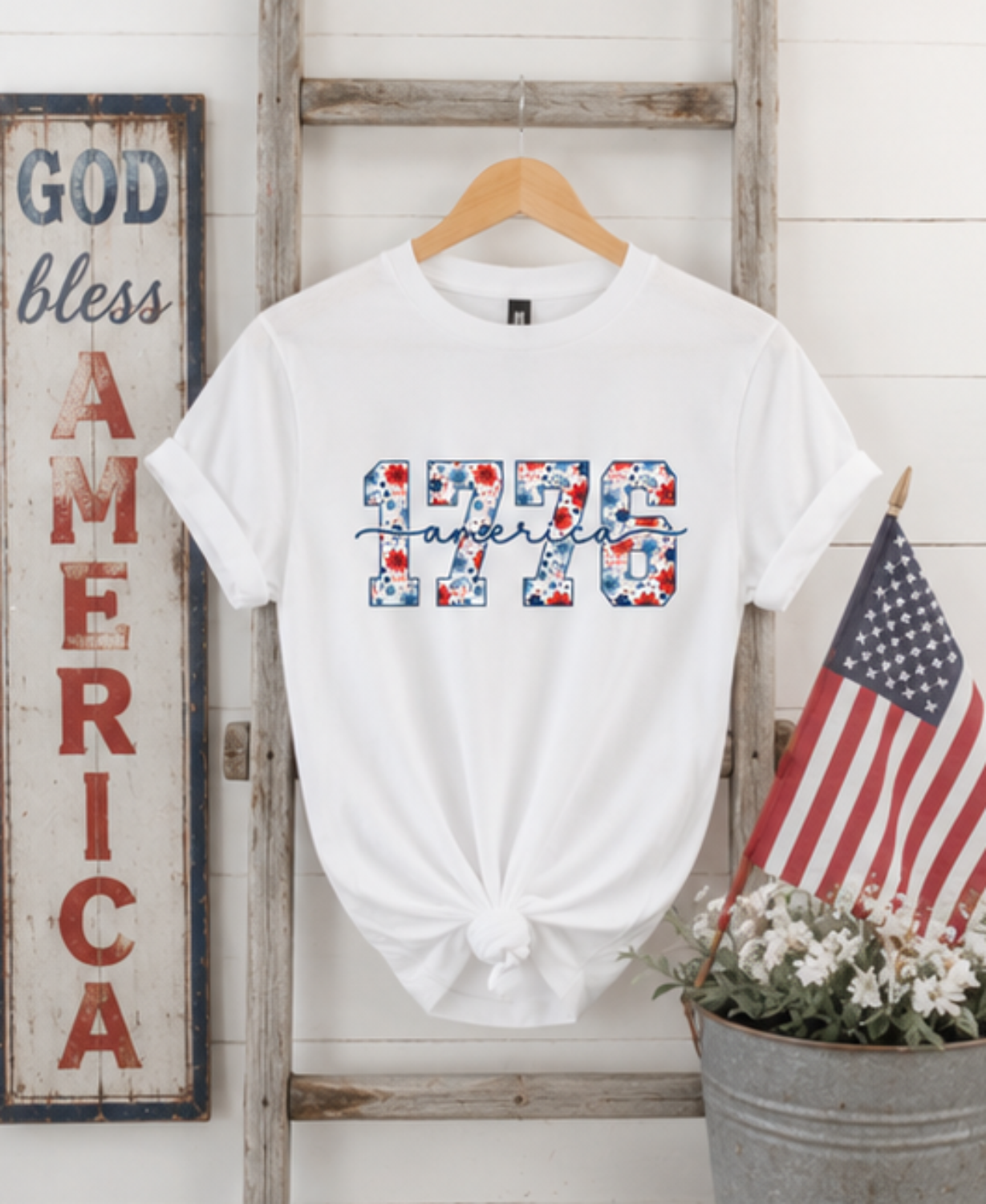 1776 America Floral Graphic Soft Cotton Tee — Patriotic Festive Everyday Style
