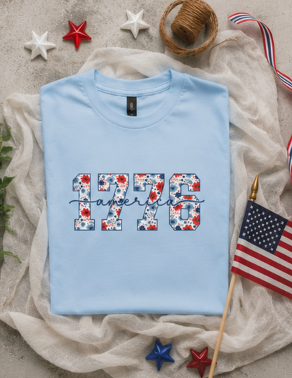 1776 America Floral Graphic Soft Cotton Tee — Patriotic Festive Everyday Style