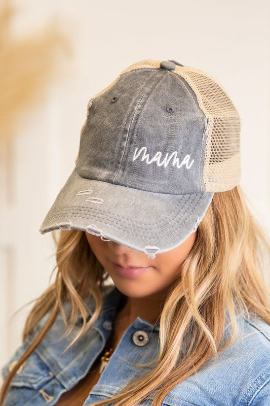 Embroidered "Mama" Messy Bun Trucker Hat | Trendy Trucker Hats Outfit Idea for Women by Ro + Ivy | Elevated Basics, Modern Comfort & Style